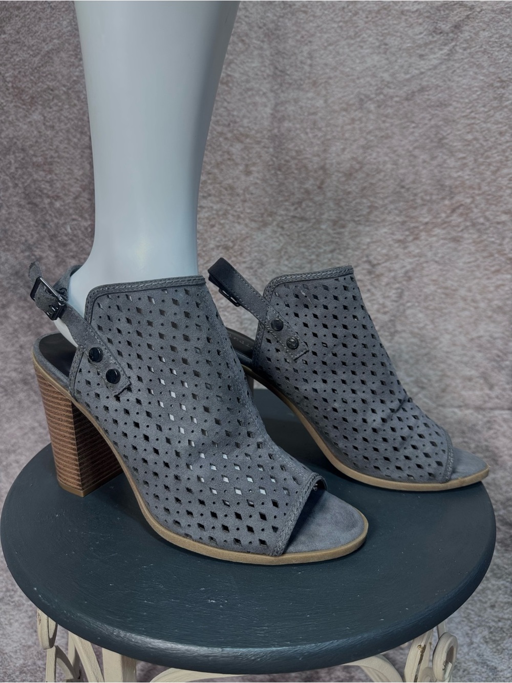 Gray Suede Perforated Peep-Toe Block Heel Slingbacks 9.5M by Indigo Rd.worn once
